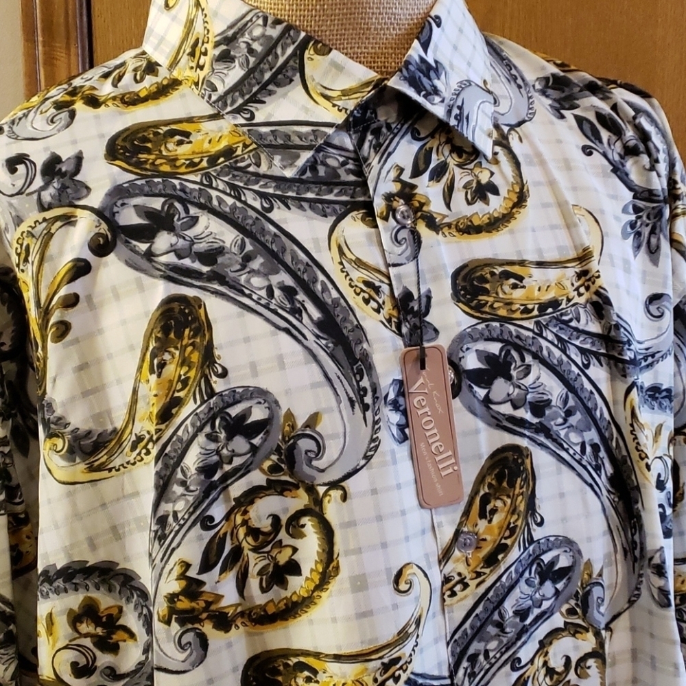 Karl knox grey yellow paisley abstract long sleeve